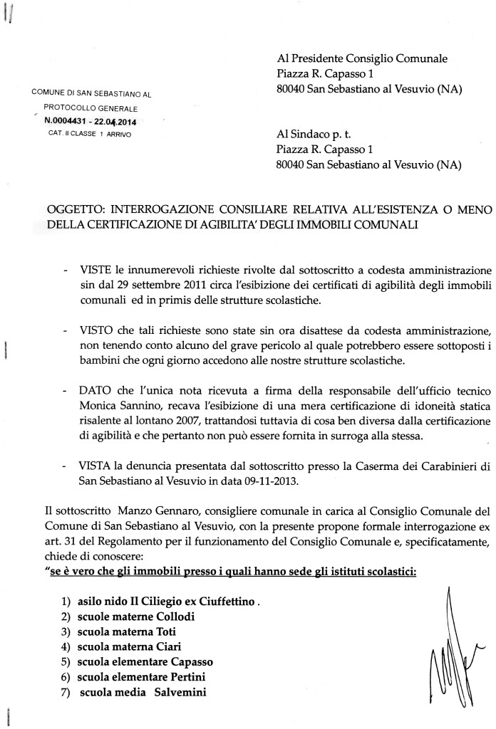 Interrogazione consiliare relativa all'esistenza o meno della certificazione di agibilità degli immobili comunali documento pagina 1/2
